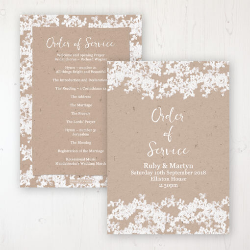 Lace Filigree Wedding Order of Service - Card Personalised front and back