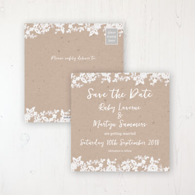Lace Filigree Wedding Save the Date Postcard Personalised Front & Back