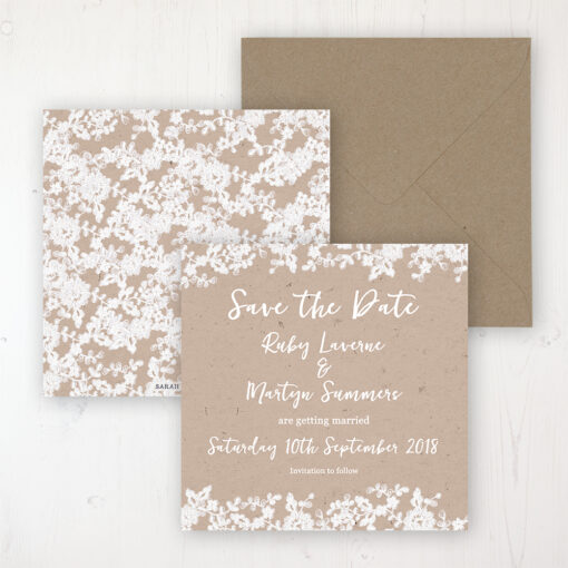 Lace Filigree Wedding Save the Date Personalised Front & Back with Rustic Envelope