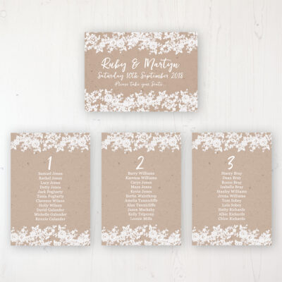 Lace Filigree Wedding Table Plan Cards Personalised with Table Names and Guest Names