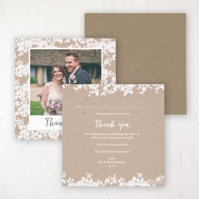 Lace Filigree Wedding Thank You Card - Flat Personalised with a Message & Photo
