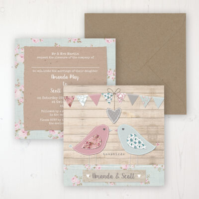 Lovebirds Wedding Invitation - Flat Personalised Front & Back with Rustic Envelope