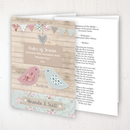 Lovebirds Wedding Order of Service - Booklet Personalised Front & Inside Pages