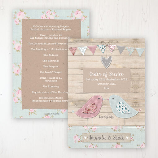 Lovebirds Wedding Order of Service - Card Personalised front and back