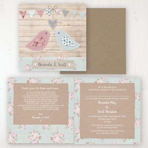 Lovebirds Wedding Invitation - Folded Personalised Front & Back with Pocket in inside cover. Includes Rustic Envelope
