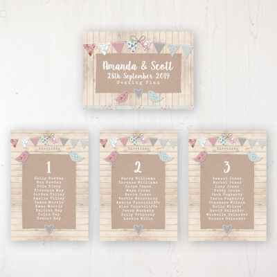 Lovebirds Wedding Table Plan Cards Personalised with Table Names and Guest Names