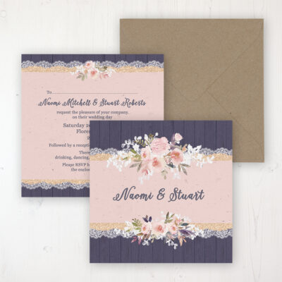 Midnight Glimmer Wedding Invitation - Flat Personalised Front & Back with Rustic Envelope