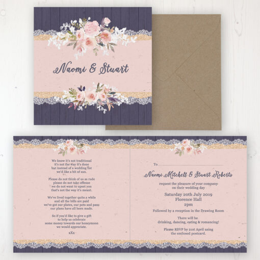 Midnight Glimmer Wedding Invitation - Folded Personalised Front & Back with Rustic Envelope