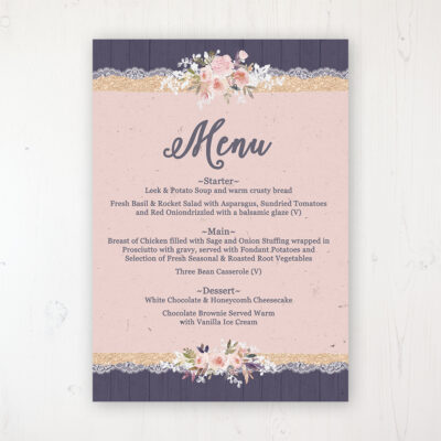 Midnight Glimmer Wedding Menu Card Personalised to display on tables