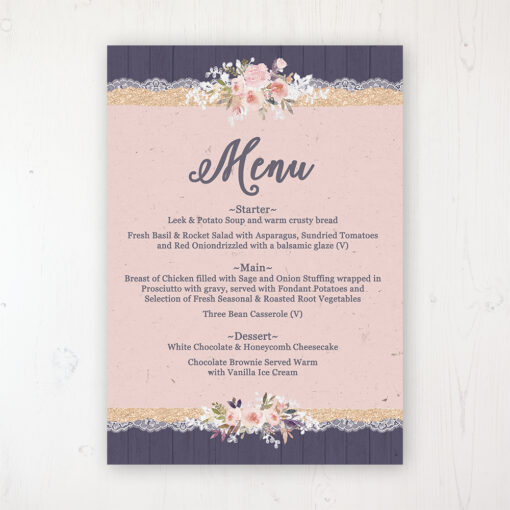 Midnight Glimmer Wedding Menu Card Personalised to display on tables