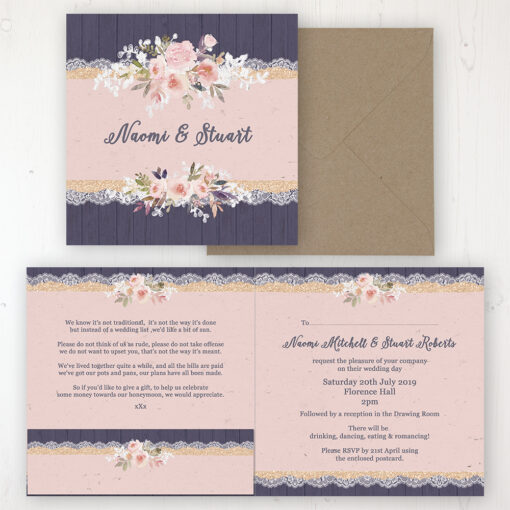 Midnight Glimmer Wedding Invitation - Folded Personalised Front & Back with Pocket in inside cover. Includes Rustic Envelope