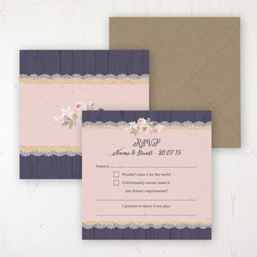 Midnight Glimmer Wedding RSVP Personalised Front & Back with Rustic Envelope