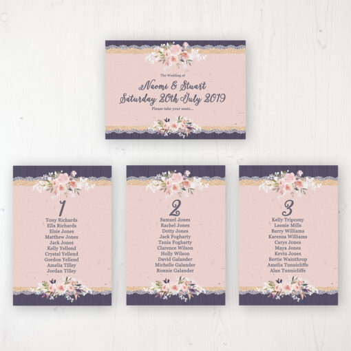 Midnight Glimmer Wedding Table Plan Cards Personalised with Table Names and Guest Names