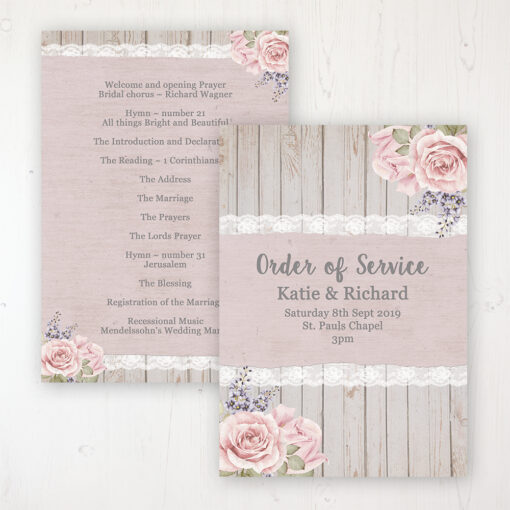 Mink Rose Wedding Order of Service - Card Personalised front and back