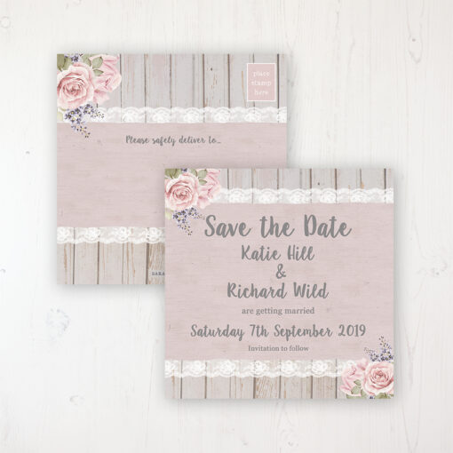 Mink Rose Wedding Save the Date Postcard Personalised Front & Back