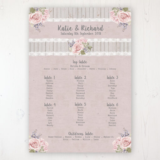 Mink Rose Wedding Table Plan Poster Personalised with Table and Guest Names