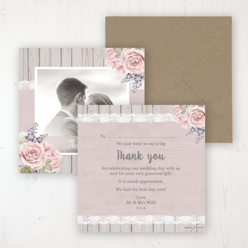 Mink Rose Wedding Thank You Card - Flat Personalised with a Message & Photo