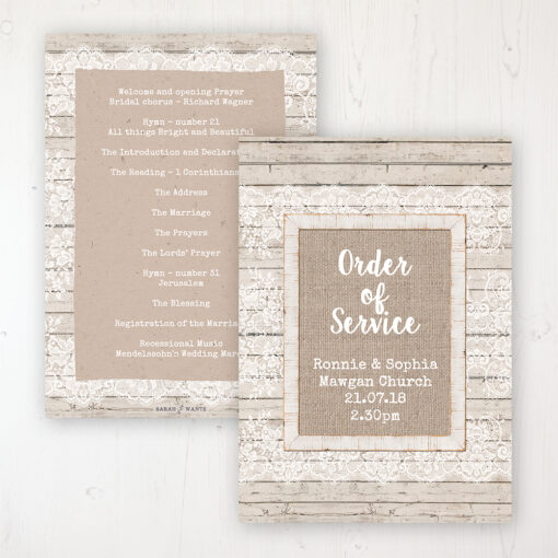 Natural Elegance Wedding Order of Service - Card Personalised front and back