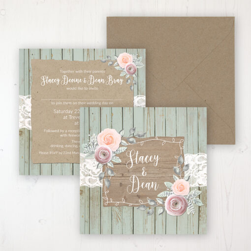 Ophelia Sage Wedding Invitation - Flat Personalised Front & Back with Rustic Envelope