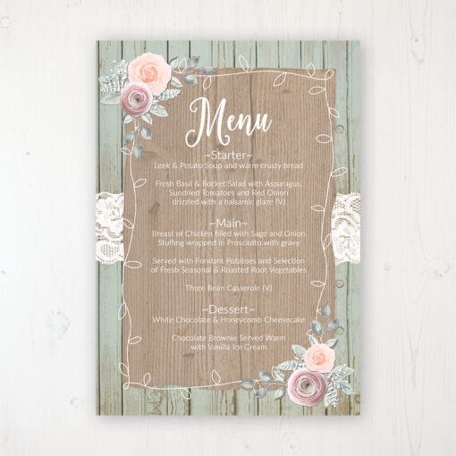 Ophelia Sage Wedding Menu Card Personalised to display on tables