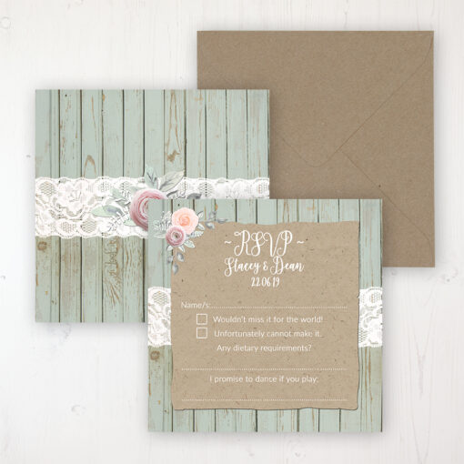 Ophelia Sage Wedding RSVP Personalised Front & Back with Rustic Envelope