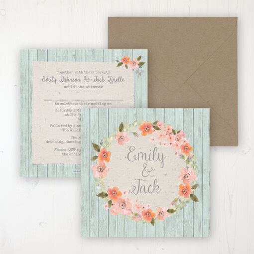 Prairie Peach Wedding Invitation - Flat Personalised Front & Back with Rustic Envelope