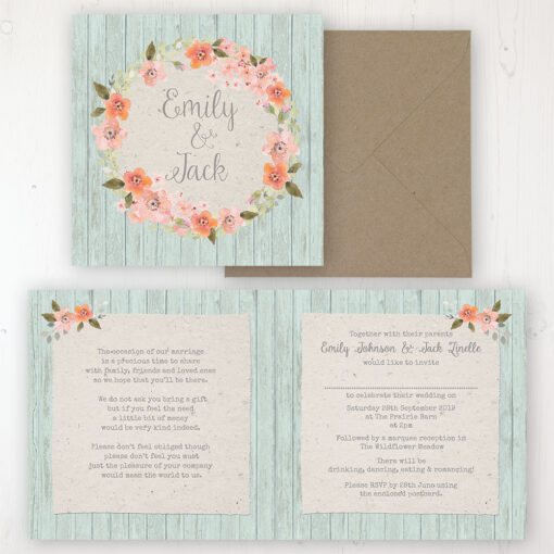 Prairie Peach Wedding Invitation - Folded Personalised Front & Back with Rustic Envelope