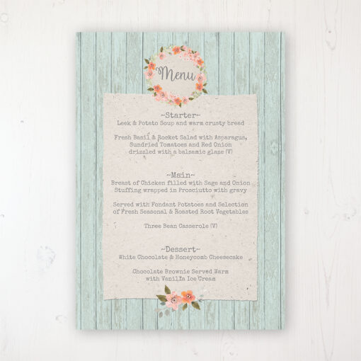 Prairie Peach Wedding Menu Card Personalised to display on tables