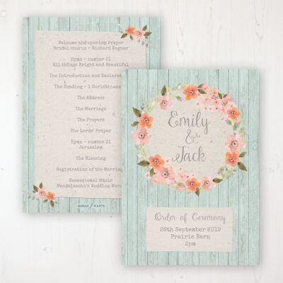 Prairie Peach Wedding Order of Service - Card Personalised front and back