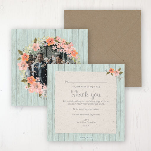 Prairie Peach Wedding Thank You Card - Flat Personalised with a Message & Photo