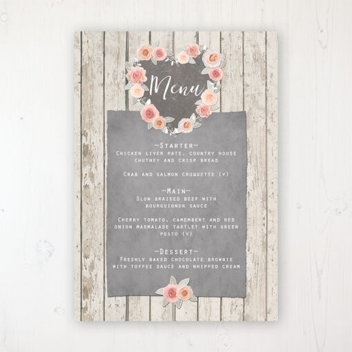 Rose Cottage Wedding Menu Card Personalised to display on tables