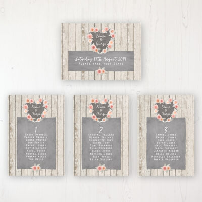 Rose Cottage Wedding Table Plan Cards Personalised with Table Names and Guest Names