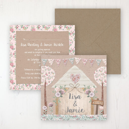 Rustic Barn Wedding Invitation - Flat Personalised Front & Back with Rustic Envelope