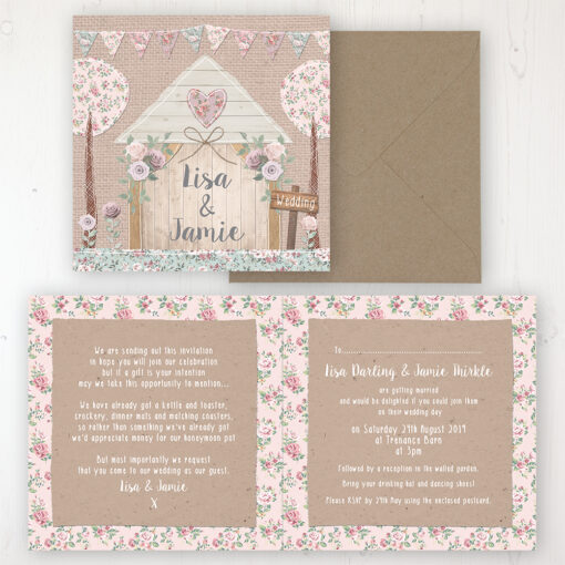 Rustic Barn Wedding Invitation - Folded Personalised Front & Back with Rustic Envelope