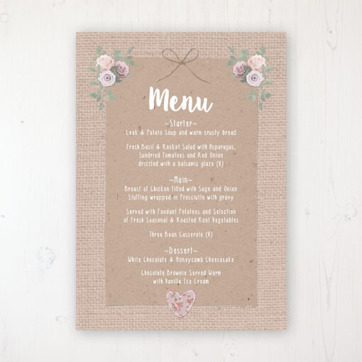 Rustic Barn Wedding Menu Card Personalised to display on tables