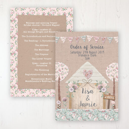 Rustic Barn Wedding Order of Service - Card Personalised front and back