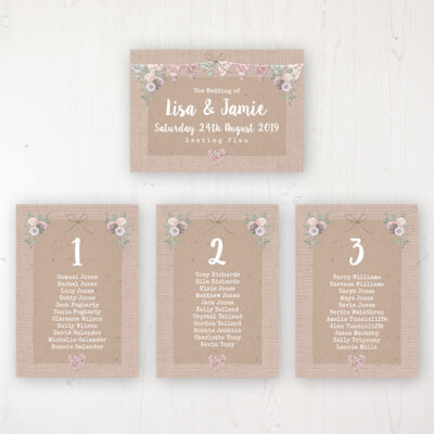 Rustic Barn Wedding Table Plan Cards Personalised with Table Names and Guest Names