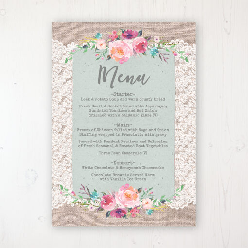 Rustic Farmhouse Wedding Menu Card Personalised to display on tables