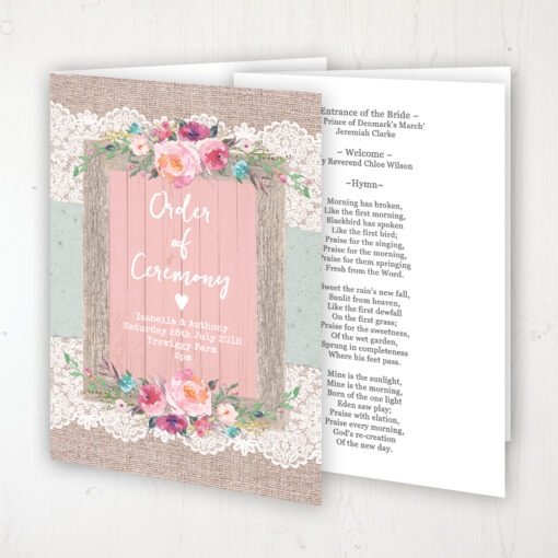 Rustic Farmhouse Wedding Order of Service - Booklet Personalised Front & Inside Pages