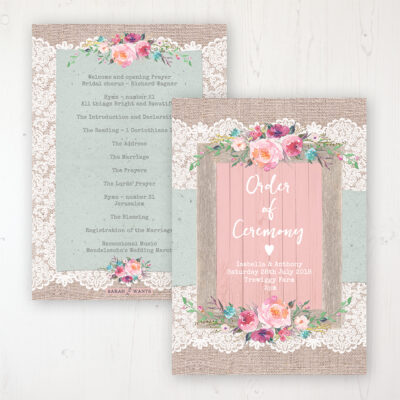 Rustic Farmhouse Wedding Order of Service - Card Personalised front and back