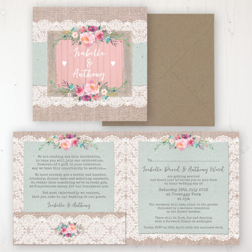Rustic Farmhouse Wedding Invitation - Folded Personalised Front & Back with Pocket in inside cover. Includes Rustic Envelope