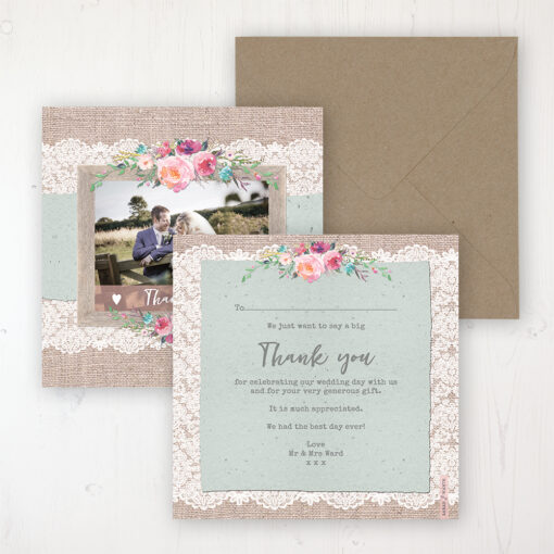 Rustic Farmhouse Wedding Thank You Card - Flat Personalised with a Message & Photo