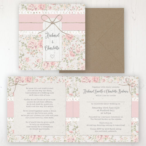 Summer Breeze Wedding Invitation - Folded Personalised Front & Back with Rustic Envelope