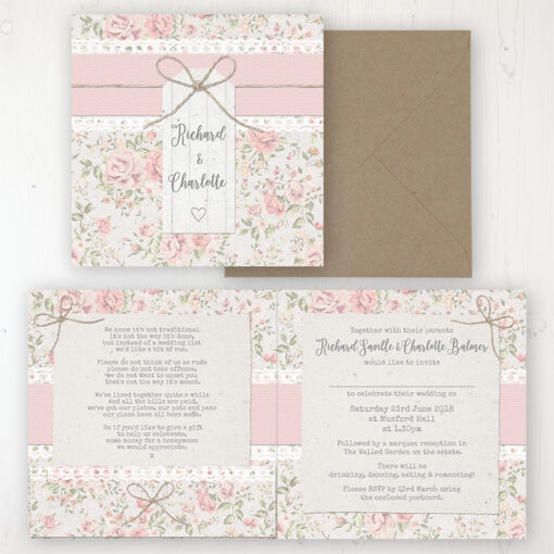 Summer Breeze Wedding Invitation - Folded Personalised Front & Back with Pocket in inside cover. Includes Rustic Envelope