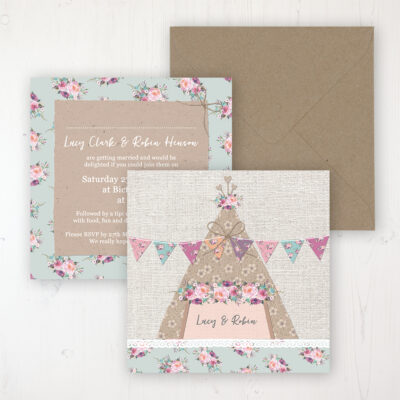 Tipi Love Wedding Invitation - Flat Personalised Front & Back with Rustic Envelope