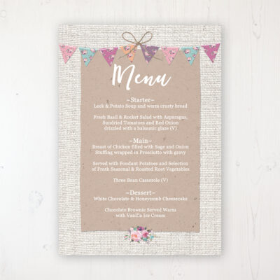 Tipi Love Wedding Menu Card Personalised to display on tables