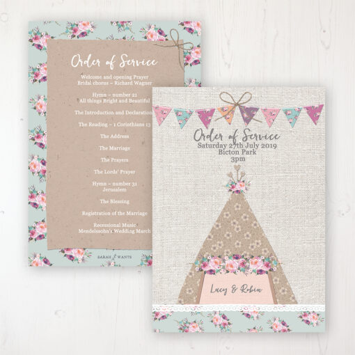Tipi Love Wedding Order of Service - Card Personalised front and back