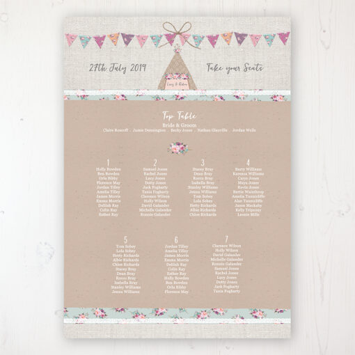 Tipi Love Wedding Table Plan Poster Personalised with Table and Guest Names