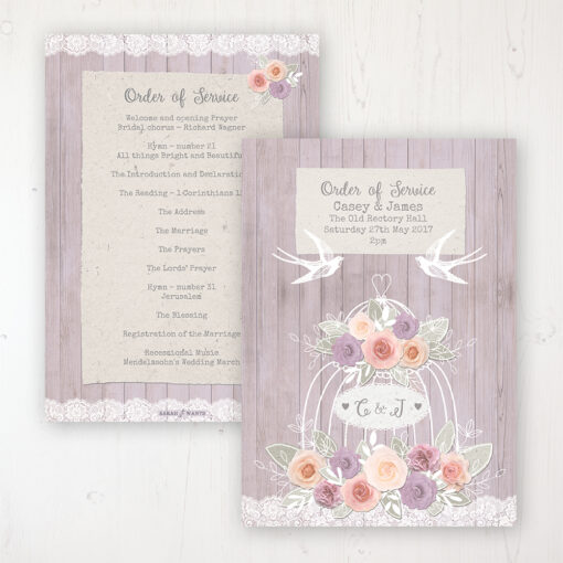 Vintage Birdcage Wedding Order of Service - Card Personalised front and back