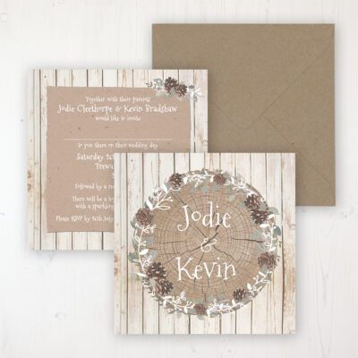 Wild Woodland Wedding Invitation - Flat Personalised Front & Back with Rustic Envelope